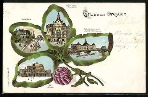 Passepartout-Lithographie Dresden, Kgl. Hoftheater, Belvedere, Kgl. Schloss, Georgentor in einem Kleeblatt-Passepartout