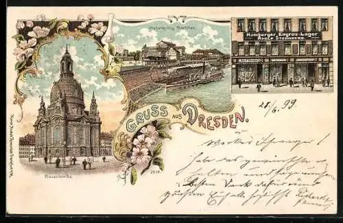 Lithographie Dresden, Kaufhaus Adolf Sternberg, Wilsdruffer Strasse 29, Frauenkirche