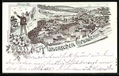 Lithographie Plauenscher Grund / Freital, Ortsansicht mit Bahnhof aus der Vogelschau