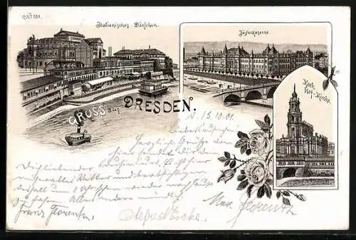 Lithographie Dresden, Italienisches Dörfchen, Jägerkaserne, Kath. Hof-Kirche