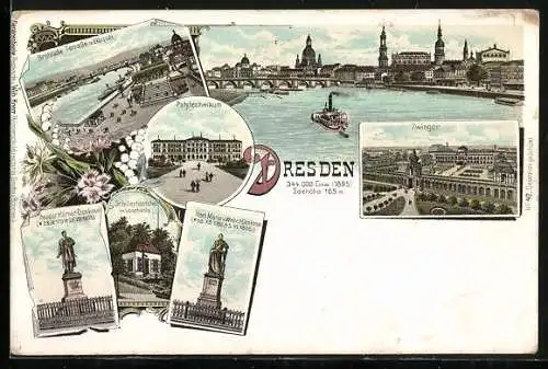 Lithographie Dresden, Polytechnikum, Zwinger, Schillerhäuschen, Brühl'sche Terrasse u. Elbquai