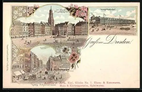 Lithographie Dresden, Hauptbahnhof, König Johannstrasse, Alt Markt u. Siegesdenkmal