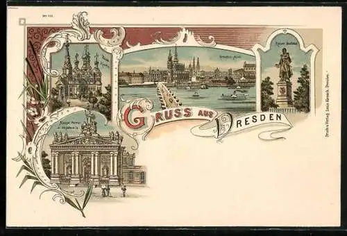 Lithographie Dresden, Elbansicht mit Hofkirche, Körner Denkmal, Russ. Kirche, Hauptportal d. Akademie