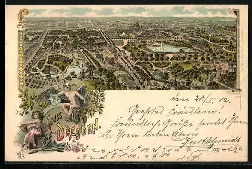 Lithographie Dresden, Gesamtansicht aus der Vogelschau