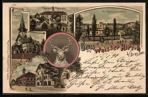 Lithographie Weisser Hirsch b. Dresden, Dr. Lehmanns Sanatorium, Kurhaus, Kirche