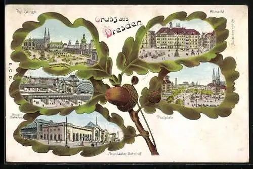 Passepartout-Lithographie Dresden, Altmarkt, Hauptbahnhof, Postplatz in Eichenblatt-Passepartout
