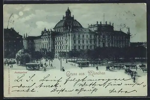 Mondschein-AK München, Justizpalast mit Strassenbahnen