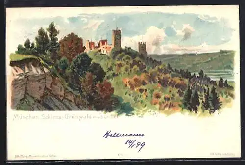 Lithographie Grünwald / Isertal, Blick auf das Schloss Grünwald