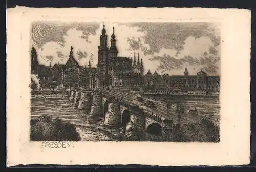 Künstler-AK Dresden, Uferpartie mit Kirche und Brücke