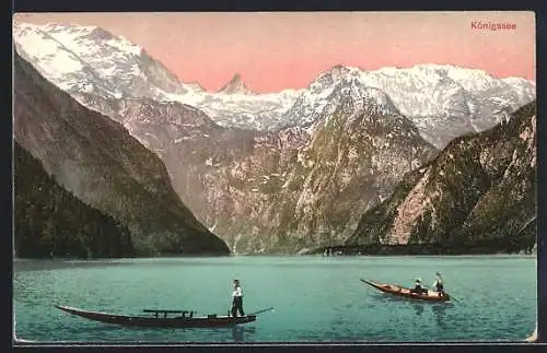 AK Königsee / St. Bartholomä, Ruderboote auf dem See mit Blick auf die Alpenkette