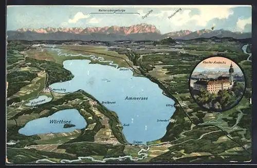 AK Andechs, Kloster, Panorama des Ammersee's & Umgebung nebst Gebirgspanorama