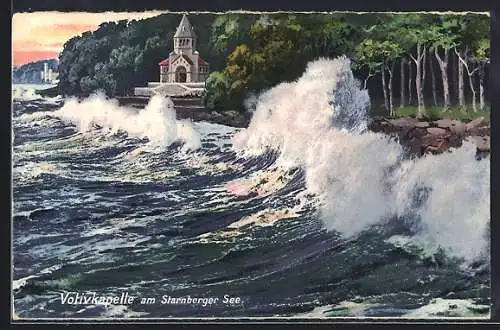 AK Berg / Starnberger See, Die Votivkapelle bei starken Wellen