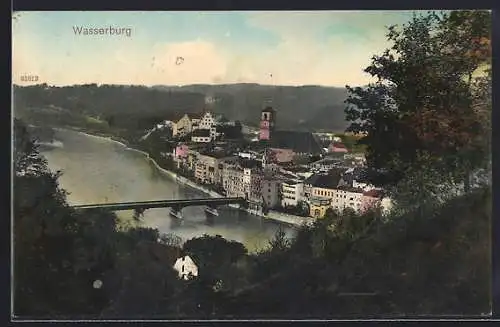 AK Wasserburg / Inn, Ortspartie mit Fluss und Brücke