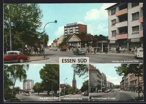 AK Essen-Süd / Ruhr, Rellinghauser Strasse mit Geschäften, Am Bahnhof Süd, Hubertus-Kirche