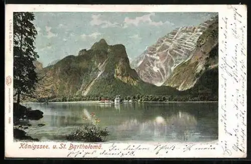 AK Königssee / Berchtesgaden, Seeblick auf St. Bartholomä und Bergpanorama