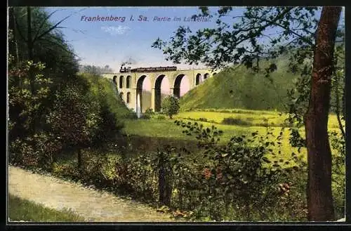 AK Frankenberg / Sachsen, Partie im Lützeltal mit Eisenbahnviadukt