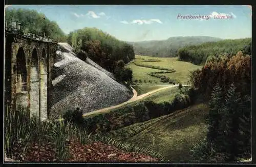AK Frankenberg / Sachsen, Blick ins Lützeltal mit Brücke