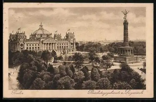 AK Berlin, Reichstagsgebäude und Siegessäule