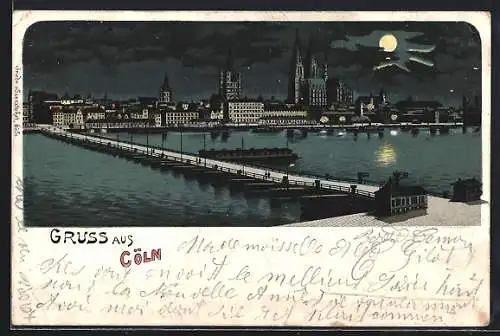 Lithographie Köln, Totalansicht der Stadt, Dampfer