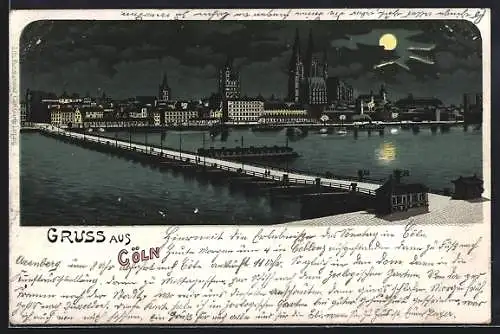 Lithographie Köln, Totalansicht der Stadt, Dampfer