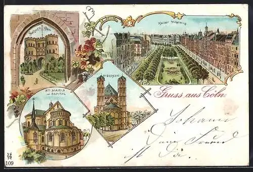 Lithographie Köln, Kaiser Wilhelmring, St. Gereon, St.Maria im Capitol