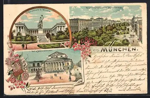 Lithographie München, Regierungsgebäude & Maximilianeum, Ruhmeshalle & Bavaria, Hof- & Nationaltheater