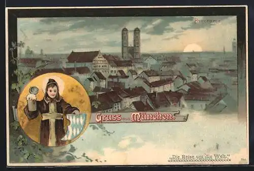 Lithographie München, Münchner Kindl, Blick über die Dächer