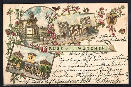 Lithographie München, Denkmal König Ludwig, Propyläen, Isartor