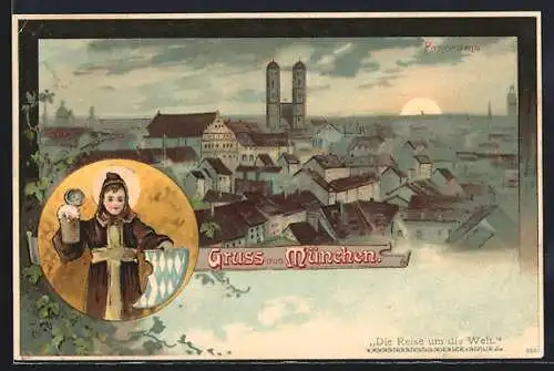 Lithographie München, Münchner Kindl, Blick über die Dächer