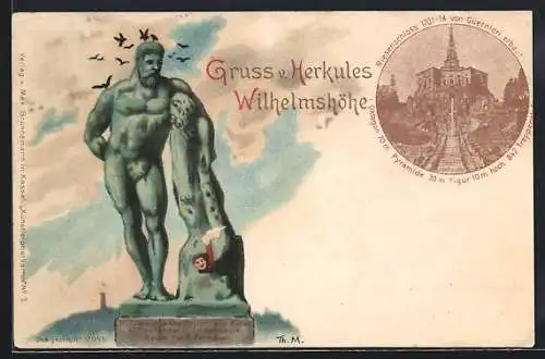 Lithographie Kassel, Herkules auf der Wilhelmshöhe, Riesenschloss v. Landgraf Karl