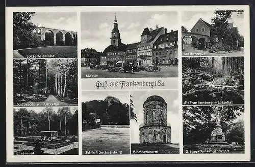 AK Frankenberg / Sachsen, Rittergut, Markt, Ehrenmal, Bismarckturm