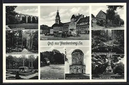 AK Frankenberg / Sachsen, Rittergut, Markt, Ehrenmal, Bismarckturm