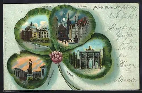 Passepartout-Lithographie München, Justizpalast, Marienplatz, Siegesthor, Bavaria mit Ruhmeshalle