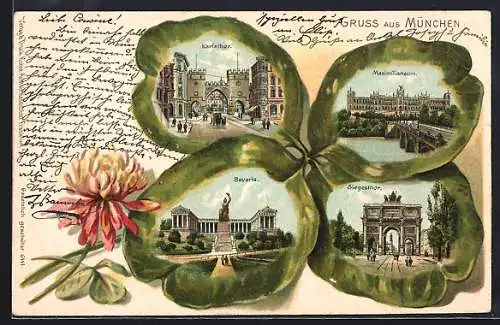 Passepartout-Lithographie München, Karlsthor, Siegesthor & Bavaria im Kleeblatt