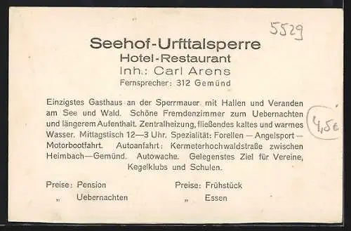 AK Gemünd / Eifel, Hotel Seehof, Inh. Carl Arens, Urfttalsperre