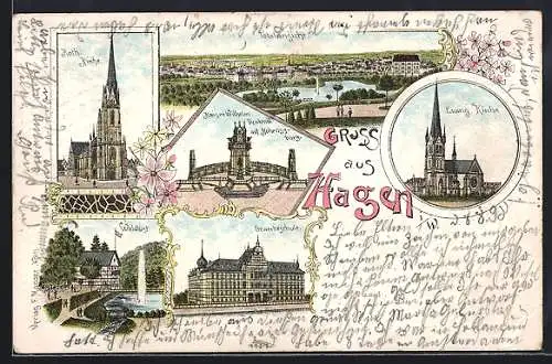 Lithographie Hagen / Westfalen, Cafe Waldlust, Gewerbeschule, Katholische Kirche
