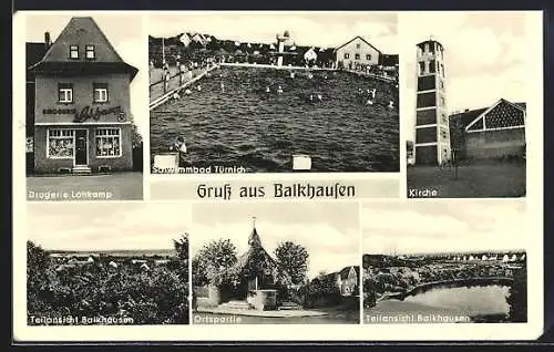 AK Balkhausen / Erft, Kirche, Schwimmbad und Drogerie Lohkamp