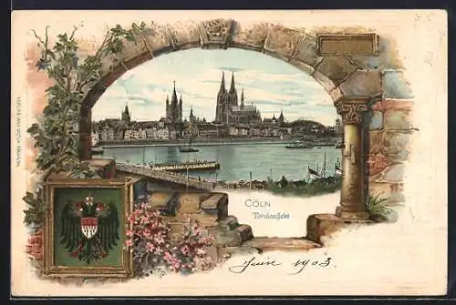 Passepartout-Lithographie Köln, Totalansicht, Wappen