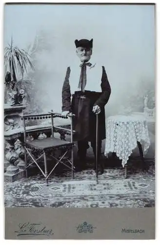 Fotografie L. Forstner, Mistelbach, Wiedenstrasse 6, 91 jähriger älteren Mann Herr Trestler mit Spazierstock, 1907