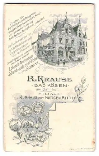 Fotografie R. Krause, Bad Kösen, Kurhaus zum Mutigen Ritter, Ansicht Bad Kösen, Ateliershaus über Anschrift