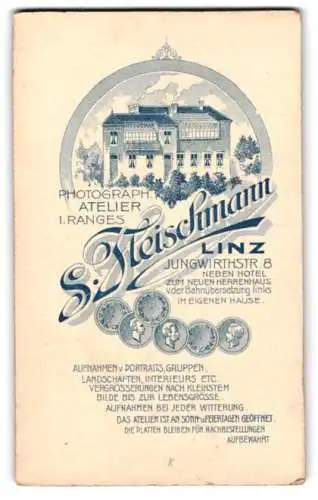 Fotografie S. Fleischmann, Linz, Jungwirthstr. 8, Ansicht Linz, Blick auf das Ateliershaus nebst Anschrift