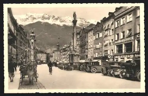 AK Innsbruck, Maria - Theresienstrasse mit Nordkette, Automobile