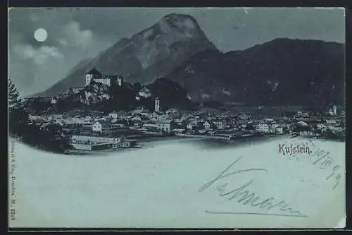 Mondschein-AK Kufstein, Ortsansicht mit Festung im Mondlicht