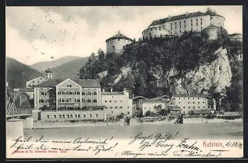 AK Kufstein, Partie mit Gasthof zur Post und der Festung