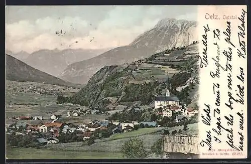 AK Oetz, Ortspartie mit Kirche aus der Vogelschau