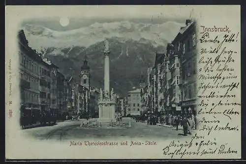 Mondschein-AK Innsbruck, Maria Theresienstrasse und Anna-Säule