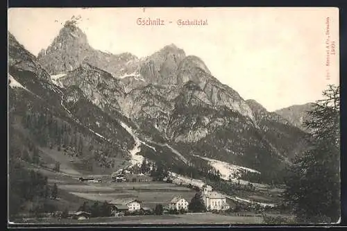AK Gschnitz-Gschnitztal, Ortsansicht mit Bergen