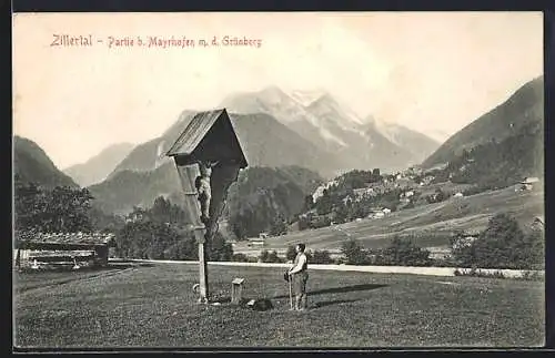 AK Mayrhofen /Zillertal, Wegkreuz gegen Grünberg