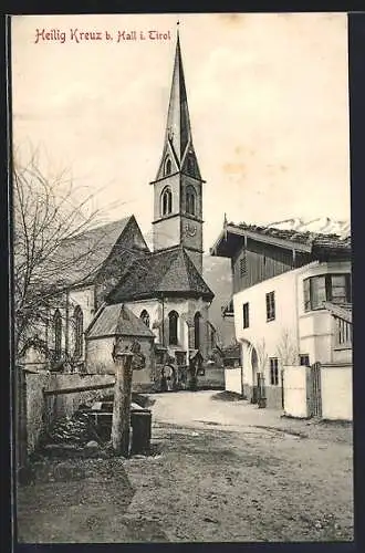AK Hall i. Tirol, Heilig Kreuz, Kirche mit Strassenpartie