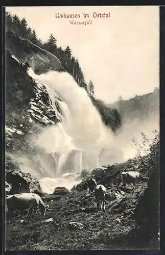 AK Umhausen, Wasserfall im Oetztal, davor Kühe